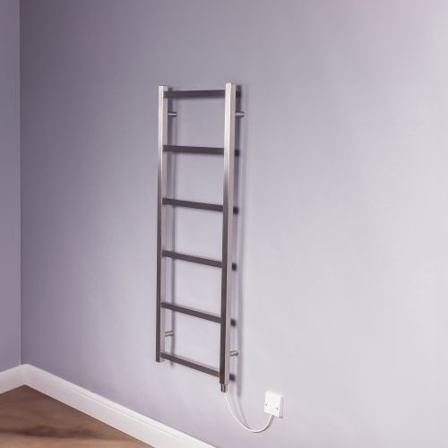 DQ Heating Liana Designer Stainless Steel Electric Heated Towel Rail with a brushed finish. Featuring horizontal bars and a sleek, modern design, this wall-mounted towel rail provides efficient heating and adds a sophisticated touch to any bathroom.