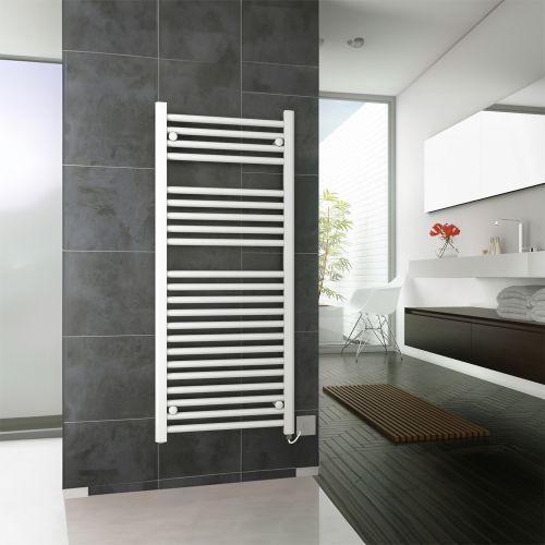 DQ Heating Metro Designer Electric Heated Towel Rail in a clean white finish. Featuring horizontal bars and a sleek, modern design, this wall-mounted towel rail provides efficient heating and adds a stylish touch to any bathroom.
